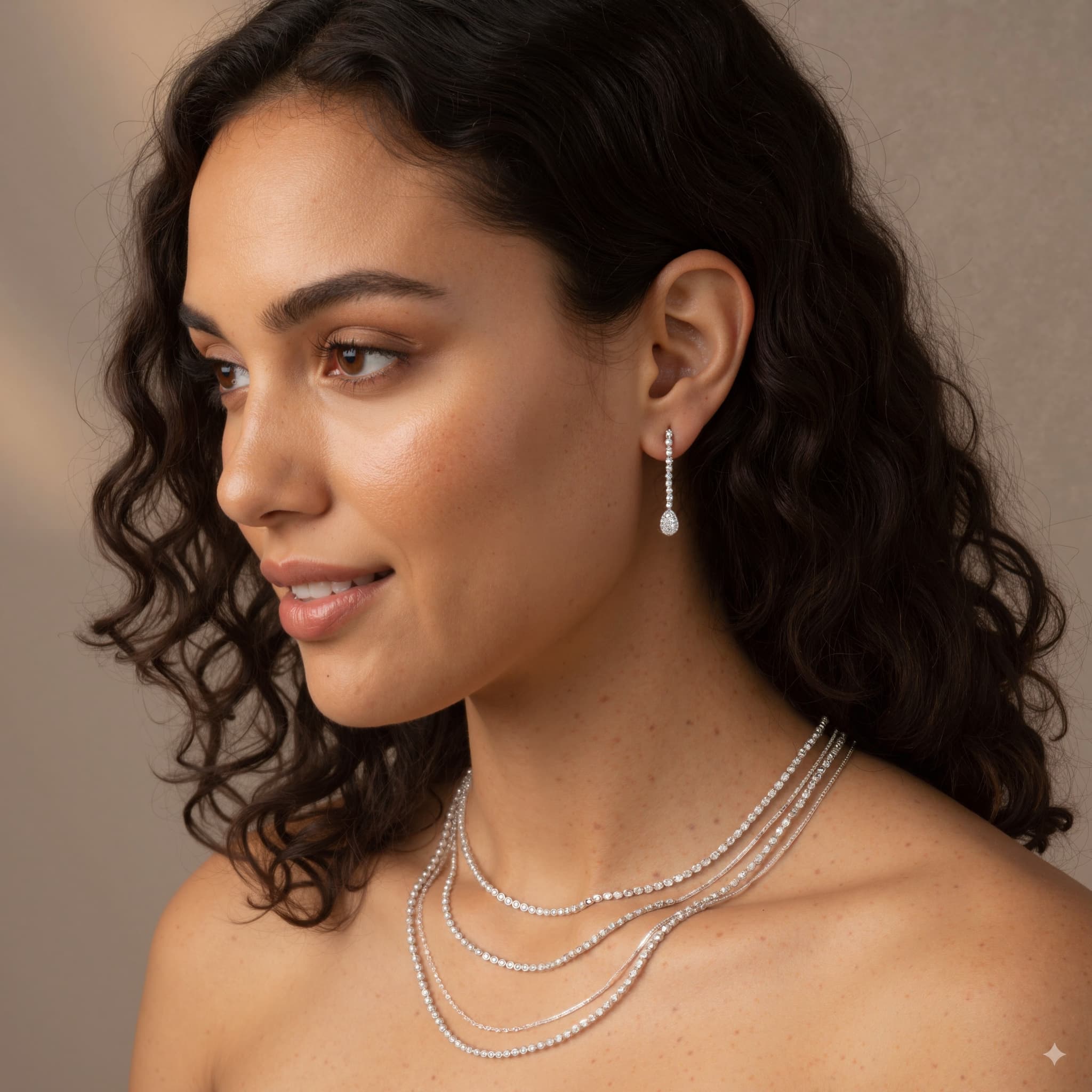 AI portrait of a woman with jewelry after realistic skin texture enhancement